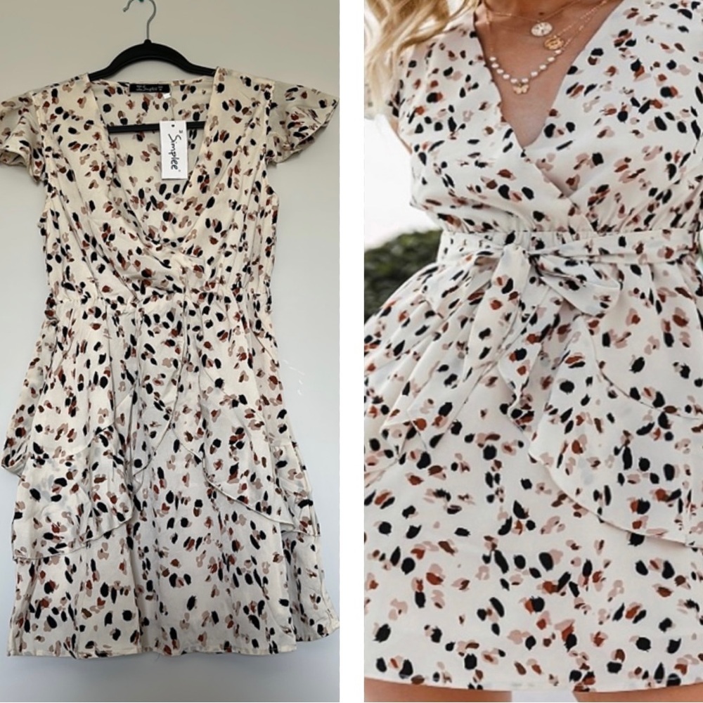 Spring short dress. Ruffle mini Ivory & Black and brown spotted mini dress.